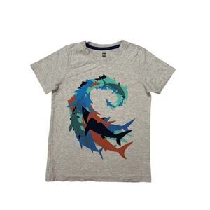 TEA COLLECTION Circling Sharks Tee Sz 10 Kids Gray Blue Tan Cotton Short Sleeve